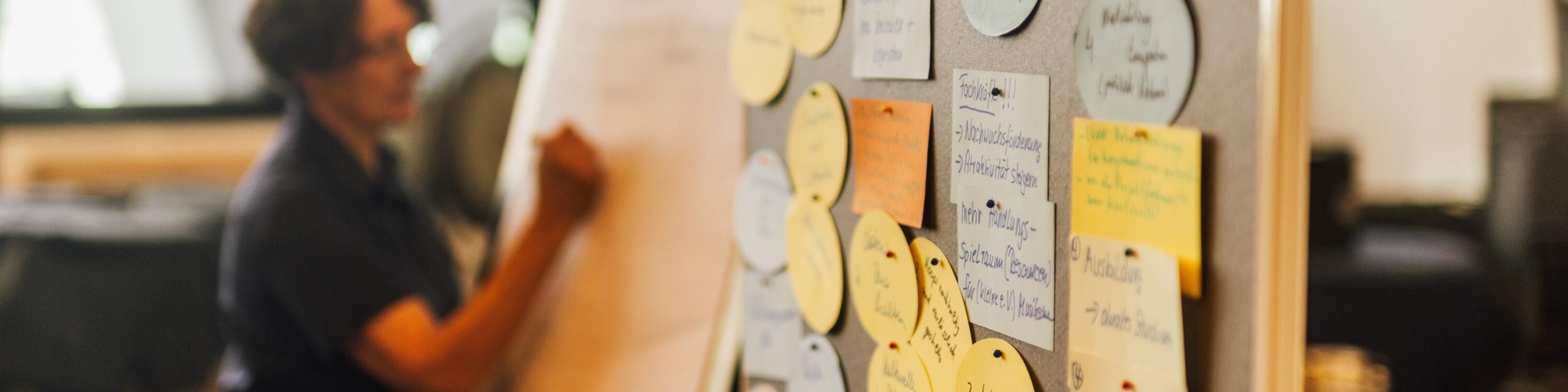 Gezeigt wird eine Stellwand und eine Frau, die auf eine Flipchart schreibt.